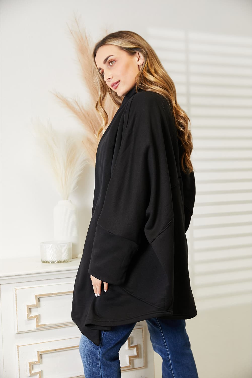 HEYSON Full Size Open Front Black Cardigan with Scarf Design *