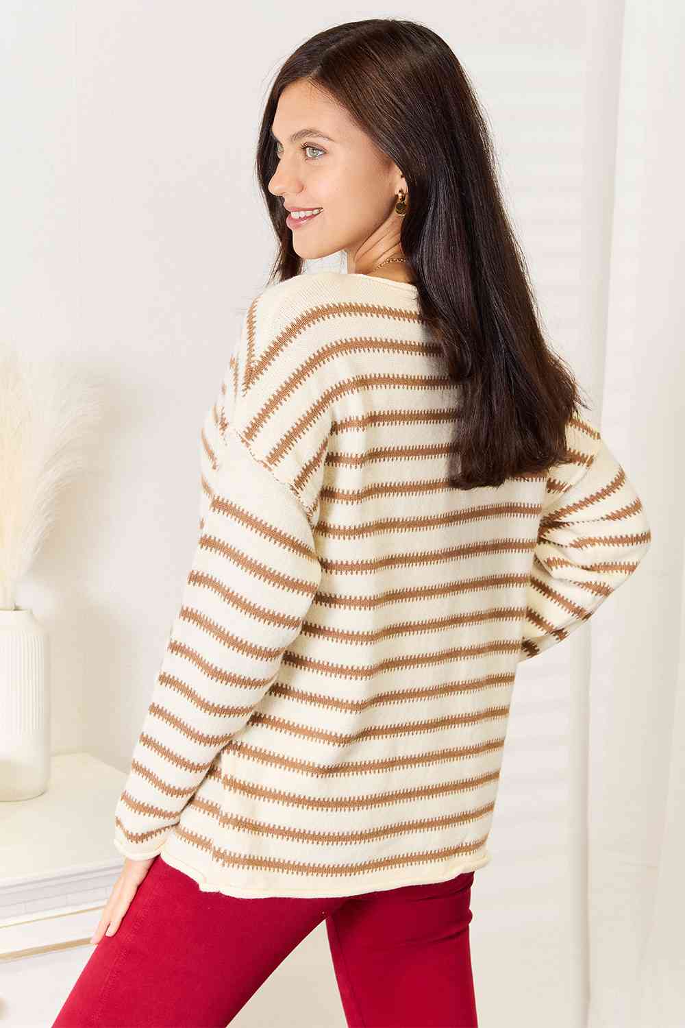 Double Take Striped Boat Neck Sweater *