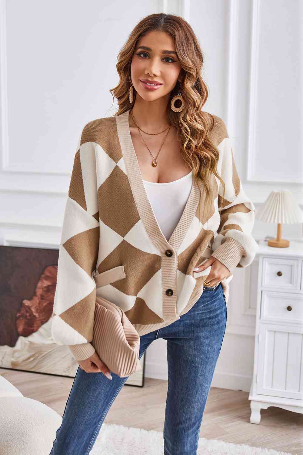 Geometric Lantern Sleeve Cardigan with Pockets