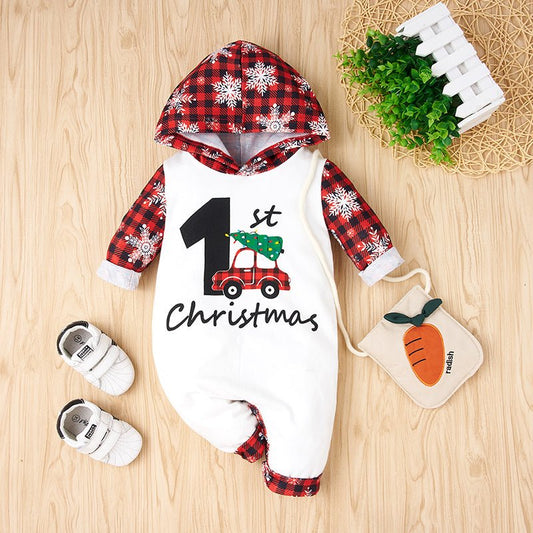 UNISEX KIDS BABY 1ST CHRISTMAS Hooded Jumpsuit Size 0M - 12M