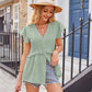 Full Size Buttoned V-Neck Ruffle Trim Top