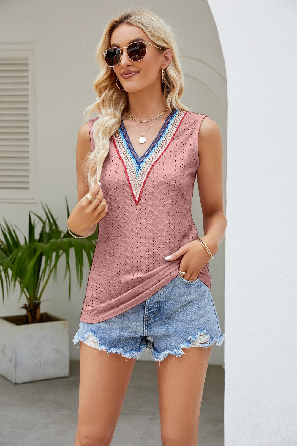 Contrast Full Size V-Neck Eyelet Tank