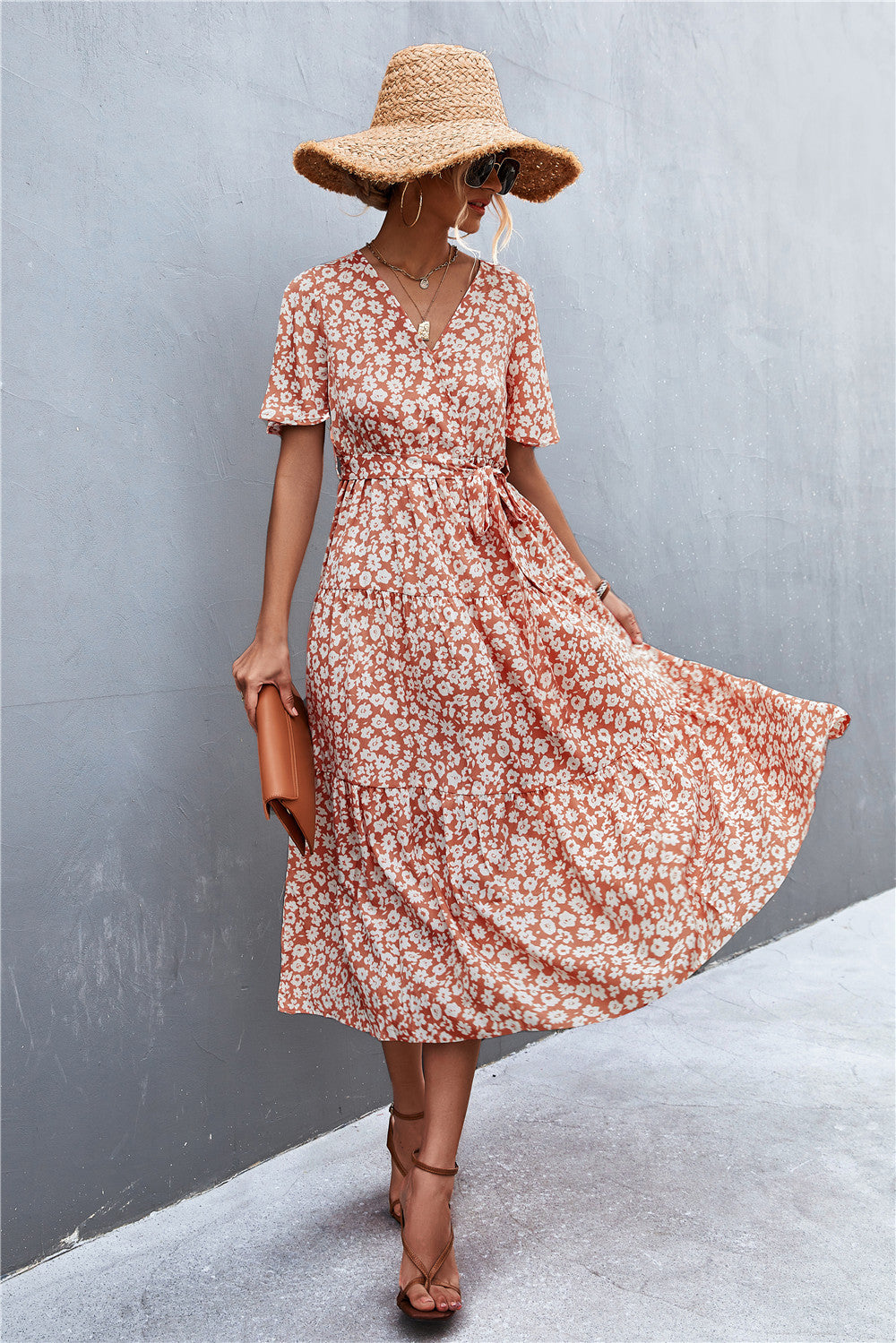 Women's Printed V-Neck Flutter Sleeve Belted Dress