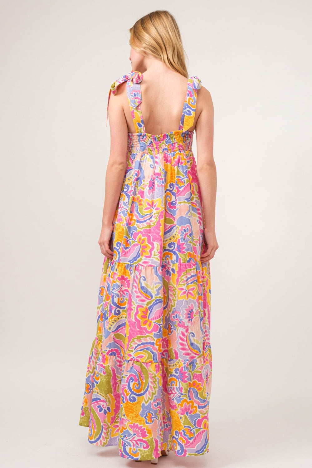 And The Why Full Size Printed Tie Shoulder Tiered Maxi Dress *