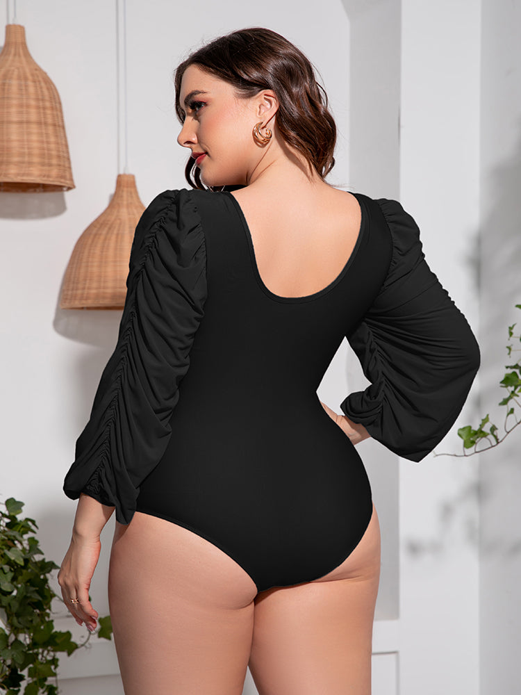 OCEANWAVES Women's Plus Size Tied Deep V Balloon Sleeve One-Piece Swimsuit