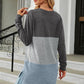 Full Size Color Block Round Neck Long Sleeve Slit T-Shirt