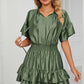 Smocked Tie Neck Flounce Sleeve Dress