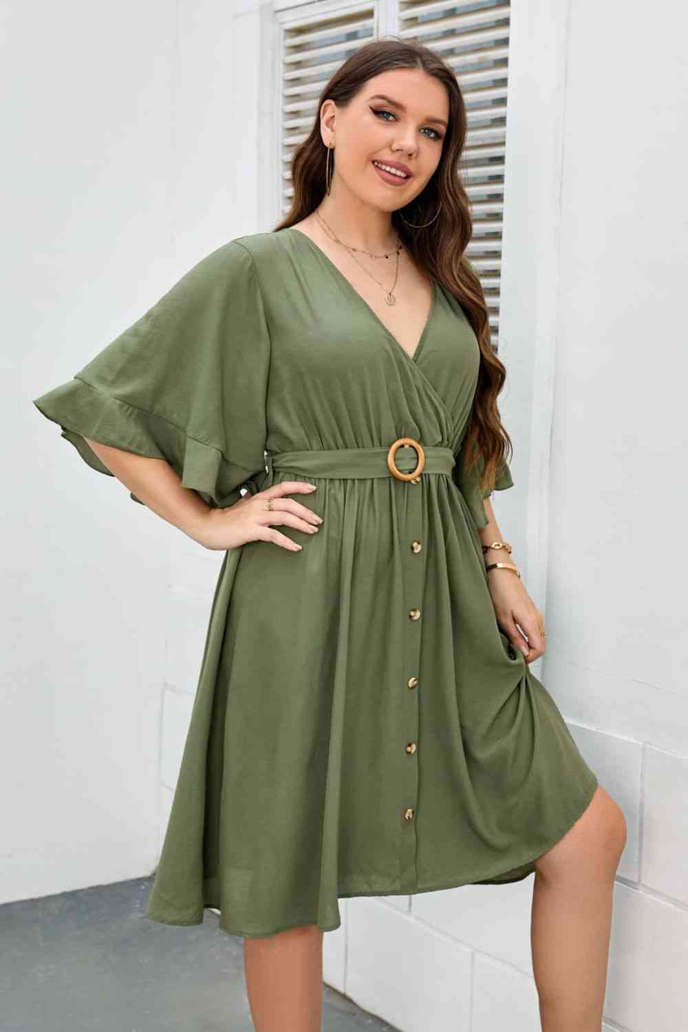 Plus Size Moss Green Surplice Neck Half Sleeve Dress