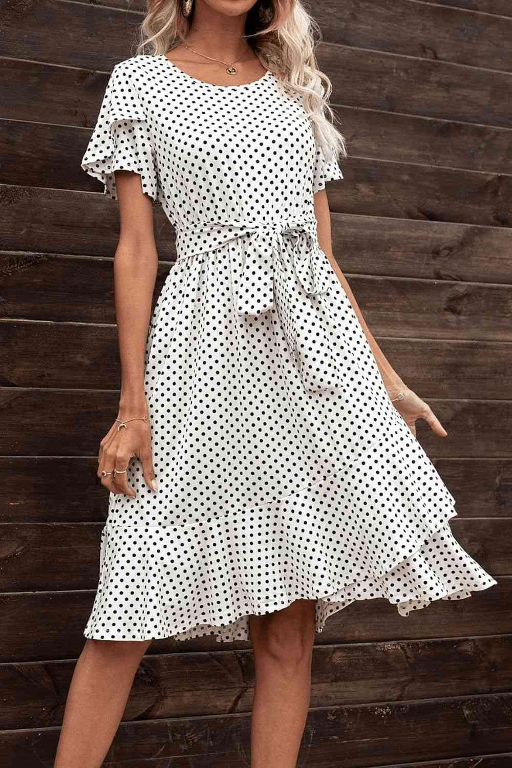 FULL SIZE Tie Waist Petal Sleeve Ruffle Hem Dress