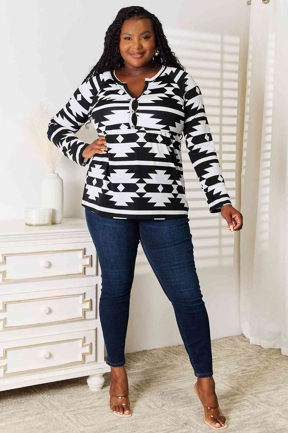 Heimish Full Size Geometric Notched Neck Long Sleeve Top *