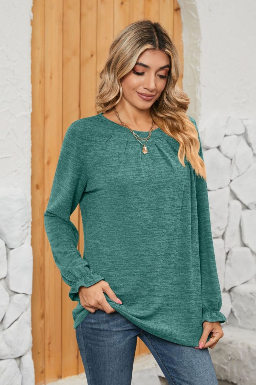 Ruched Round Neck Flounce Sleeve T-Shirt