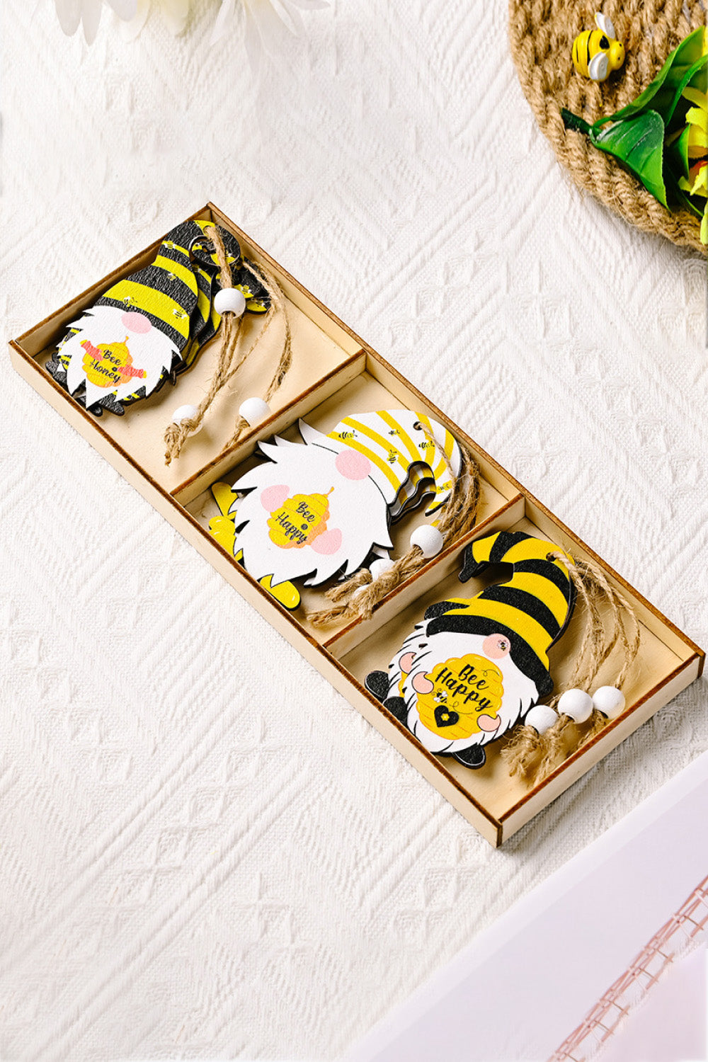 Hanging 3-Pack Bee Themed Wood Gnome Ornaments