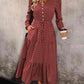 Wine Red Printed Tiered V-Neck Buttoned Midi Dress