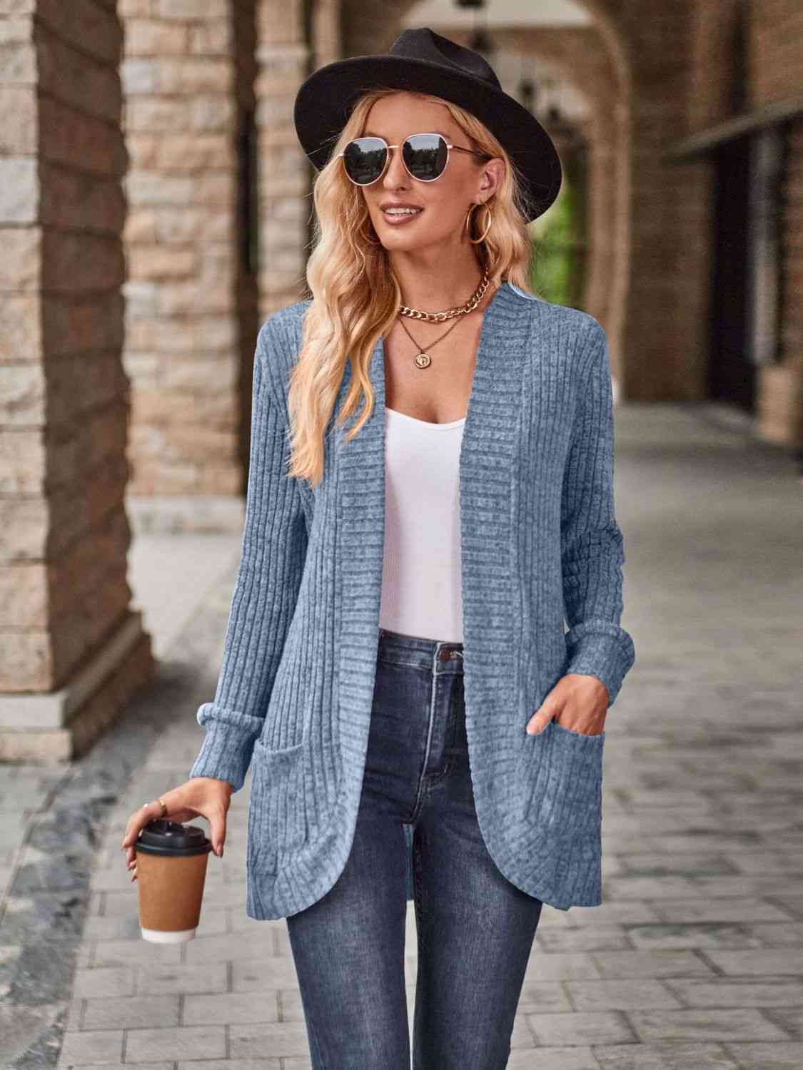 Full Size Open Front Cardigan with Pockets