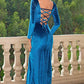 Tie Back Long Sleeve Peacock Blue Slit Dress