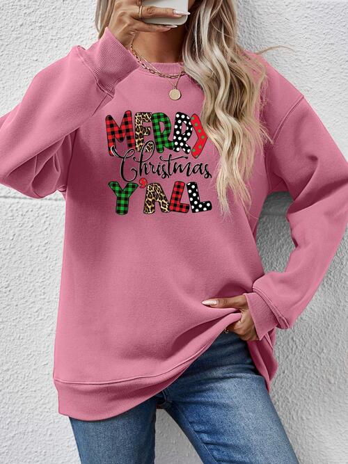 Merry Christmas Ya'll Letter Graphic Round Neck Long Sleeve Sweatshirt