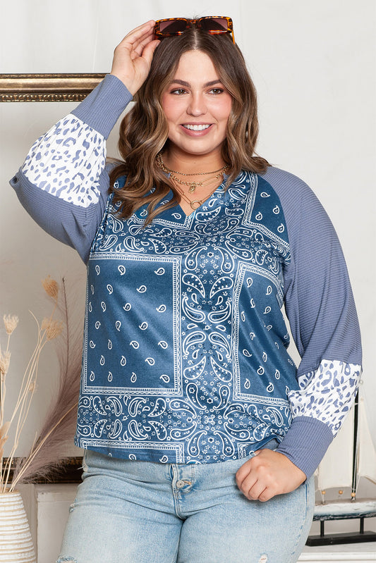 Adelisa & Yehn Plus Size V-Neck Printed Raglan Sleeve Blouse