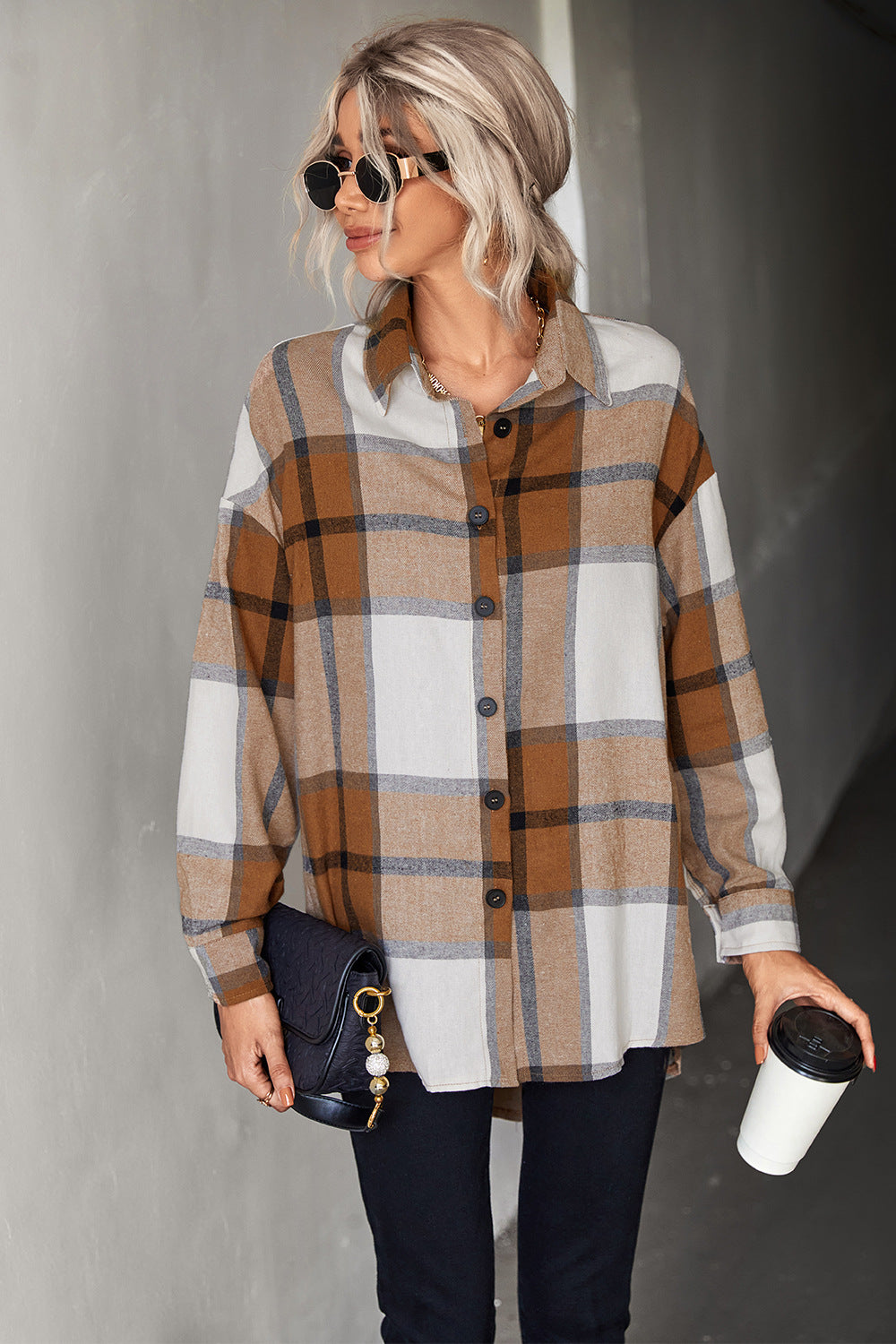 Adriana & Bae Plaid Collared Neck Longline Shirt