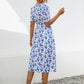 Slit Printed V-Neck Short Sleeve Dress