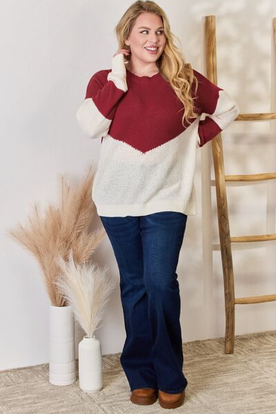 Hailey & Co Full Size Color Block Dropped Shoulder Knit Top *