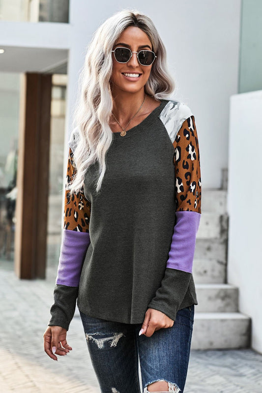 Avery Mixed Print Full Size Sleeve Crewneck Waffle Knit Top