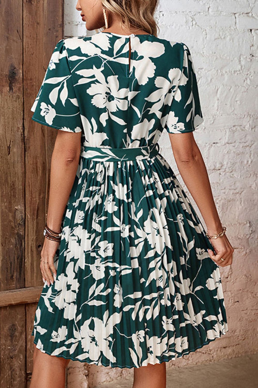 Women's Floral Round Neck Tie Belt Pleated Dress